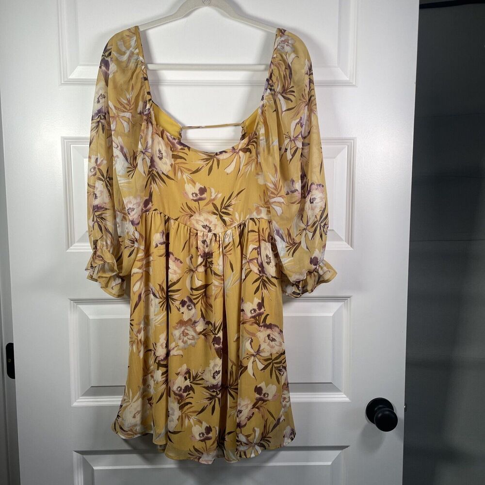 By Together Mustard Floral Open Back Dress Sheer Sleeve Size Medium Shoe Fly - Picture 2 of 11
